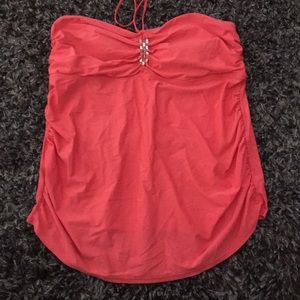 Coral maternity swim top with gold accents